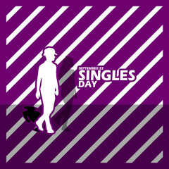 Illustration of a lone man holding the hand of a faded woman, with bold text on dark purple stripes background to commemorate National Singles Day on September 22