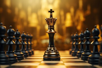 Black king winner surrounded with black gold chess pieces on chess board game competition. concept strategy, leadership and success business, Generative Ai