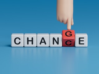 Changing word Change to Chance on wooden blocks concept for optimistic, opportunity and career growth.3D rendering on blue background.
