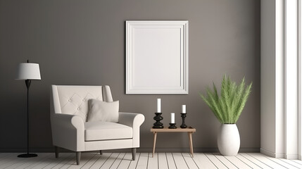 Room interior with blank photo frame on wall 