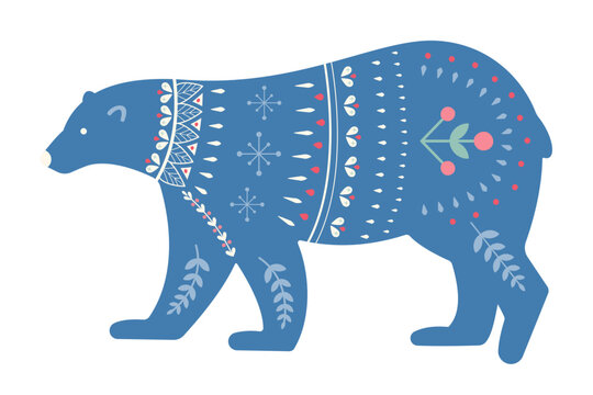 Northern bear in blue with Scandinavian patterns. Christmas decorations for cards. Flat style. Vector illustration.