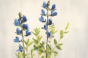 Blue False Indigo and Tropical Leaves. A Watercolor Flower Branch of Baptisia Australis