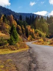 Fototapeta na wymiar asphalt road in mountains. trip through countryside in autumn. forest in fall foliage on the hillside. sunny weather