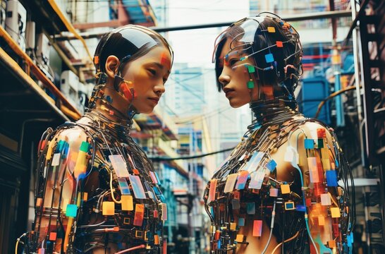 Two female humanoid robots are standing in the streets of a city. Their skin is covered with circuitry and plastic.