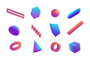 Neon geometric 3d shapes set. Torus with purple hexagon and triangle as modern design elements with object of simple vector constructions