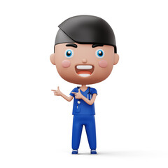 Happy child doctor, kid doctor pointing finger, occupation kid character, 3d rendering