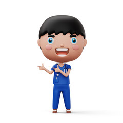 Happy child doctor, kid doctor pointing finger, occupation kid character, 3d rendering