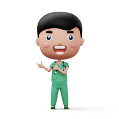 Happy child doctor, kid doctor pointing finger, occupation kid character, 3d rendering