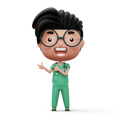 Happy child doctor, kid doctor pointing finger, occupation kid character, 3d rendering