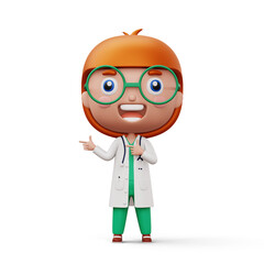 Happy child doctor, kid doctor pointing finger, occupation kid character, 3d rendering