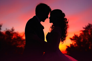 Fototapeta na wymiar Colorful Setting with Groom and Bride Silhouette