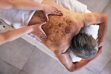 Body, massage and senior with man in spa for wellness, treatment or hospitality. Peace, skin care...