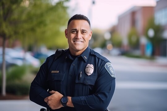 Portrait of young Hispanic male police officer smiling at camera while standing outdoors