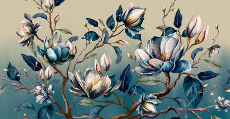 
Artistic painted flowers on a branch on a textured rubbed background from light to bright colors, wall murals for the interior