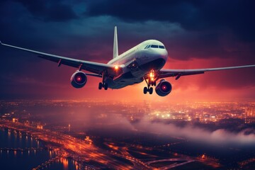 Passenger plane flies over the city, at night - obrazy, fototapety, plakaty