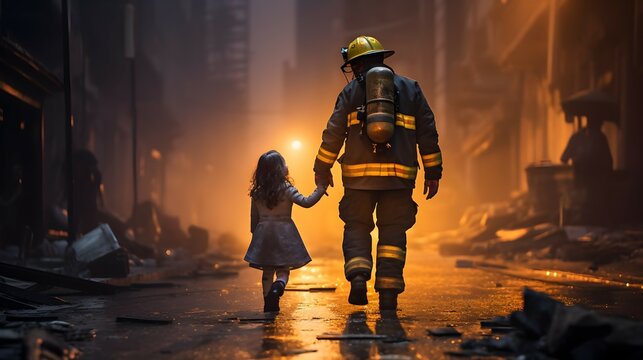 Firefighter walking with little girl. AI generative