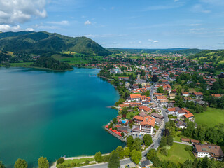 Aerial view, Schliersee with the town of Schliersee, Upper Bavaria, Bavaria, Germany,