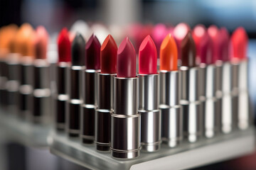 Different shaded lipsticks in a row on display in store - obrazy, fototapety, plakaty