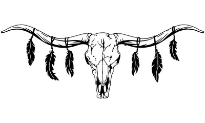 Texas longhorn black and white vector illustration. Longhorn skull with feathers, clipart. Silhouette Texas Longhorn. Bull Head Logo Icon.