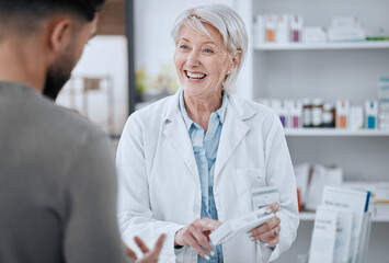 Happy senior woman, pharmacist and customer in consultation for medication or prescription at pharmacy. Mature female person, medical or healthcare employee consulting patient on pharmaceutical drugs - obrazy, fototapety, plakaty