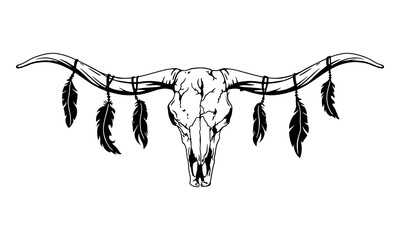 Texas longhorn black and white vector illustration. Longhorn skull with feathers, clipart. Silhouette Texas Longhorn. Bull Head Logo Icon. - obrazy, fototapety, plakaty