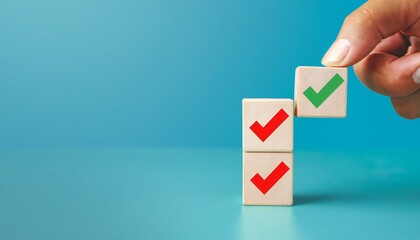 true and false symbols accepted rejected, yes or no on wood cubes.