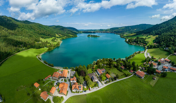 Aerial view looking over Schliersee Fischhausen, Upper Bavaria, Bavaria, Germany