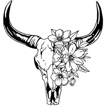 Texas longhorn black and white vector illustration. Longhorn skull with flowers, clipart. Silhouette Texas Longhorn. Bull Head Logo Icon.