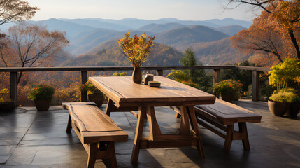 Obraz premium Picnic table on patio of mountain house - scenic view - vacation home 