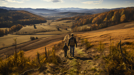 Drone shot - overhead shot - father and son hiking through a field in the mountains - autumn - fall - peak leaves 