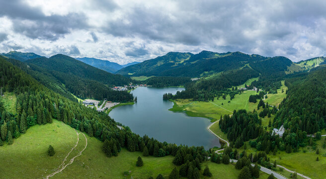 Aerial view, Spitzingsee, place Spitzingsee, Mangfall Mountains, drone recording, Upper Bavaria, Bavaria, Germany,