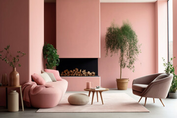 Minimalist pink chair in a light modern eco interior. 