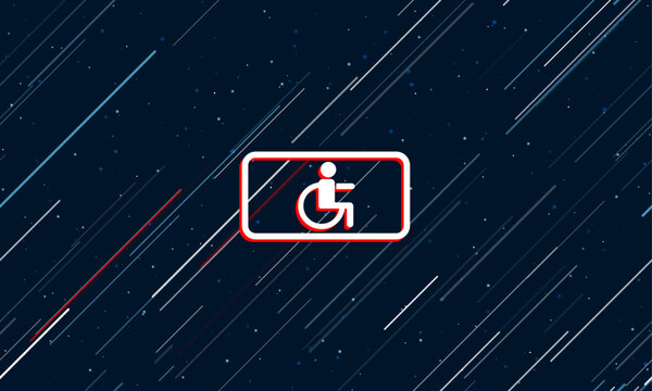 Large white disabled road sign framed in red in the center. The effect of flying through the stars. Vector illustration on a dark blue background with stars and slanted lines