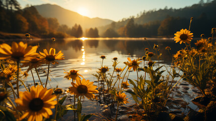 Sunflowers on the lake shore - sunset - golden hour - mountains - low angle shot - inspired by the scenery of western North Carolina 