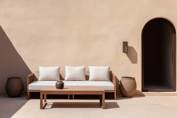 Outdoors sofa in front of a terracotta colored wall. Outdoors furniture composition.