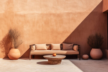 Outdoors sofa in front of a terracotta colored wall. Outdoors furniture composition. - obrazy, fototapety, plakaty