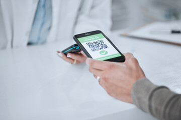 Qr code, contactless payment and hands with phone or customer at pharmacy POS to purchase service...