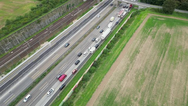 Weilbach, Germany - August 24, 2023: Dense traffic and traffic jam on German highway A3 between Raunheim and Wiesbadener Kreuz