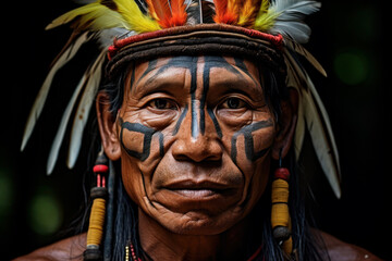 Indian from South and North America. national costume of the indigenous peoples of america. man, chief with feathers.