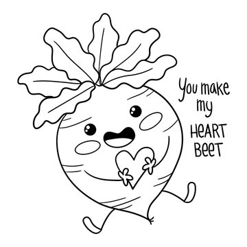  Illustration of a cute beet holding a heart with a phrase, coloring page