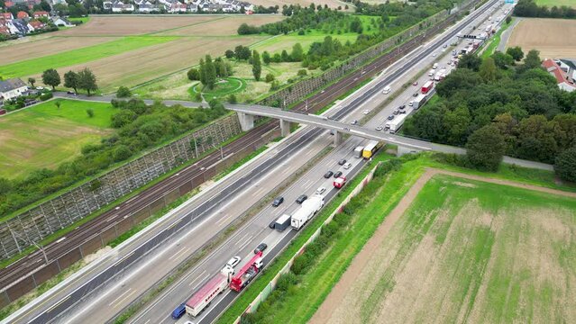 Weilbach, Germany - August 24, 2023: Dense traffic and traffic jam on German highway A3 between Raunheim and Wiesbadener Kreuz