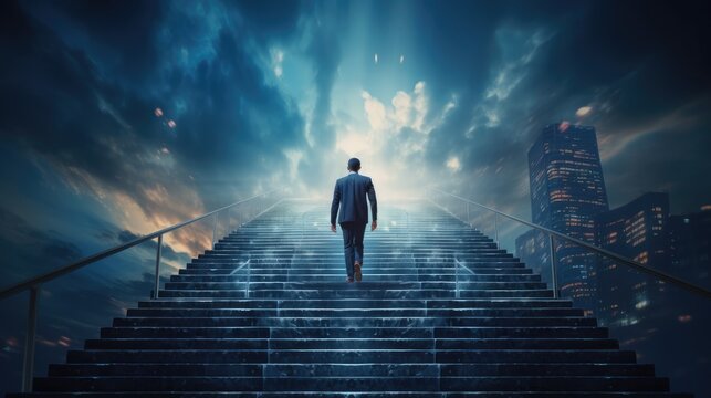 Ambitious and confident businessman in suit climbing the stairs to success, leader concept, Generative AI