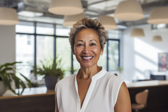 60 Year Old  Asian Businesswoman Standing In An Office.