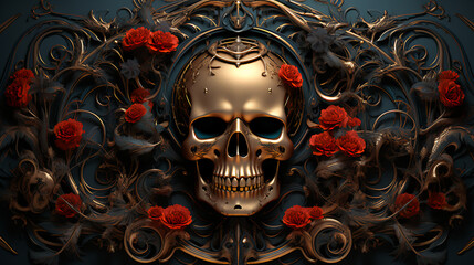 Skull ornate metal crest - Halloween decoration - red flowers 