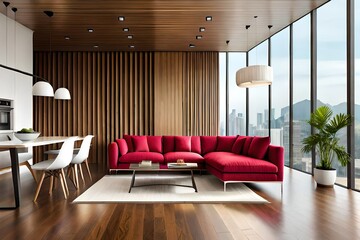 Fototapeta na wymiar modern living room with red sofa