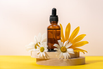 Droper bottle of homeopathic remedy or beauty product surrounded by flowers. Medicinal herbs concept, alternative medicine, organic beauty product