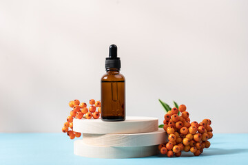 Droper bottle of homeopathic remedy or beauty product surrounded by rowan branches. Medicinal herbs concept, alternative medicine, organic beauty product