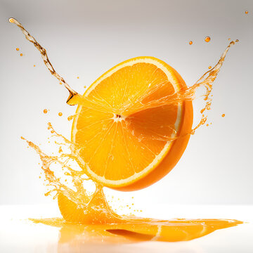 Orange fruit slice with juice splash. Fresh citrus fruit juice realistic swirl or splash, healthy vitamin drink whirl droplets. Isolated summer beverage, orange fruit juice whirl flying ripples.