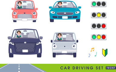 車を運転するブレザー男子学生のセット。正面向き