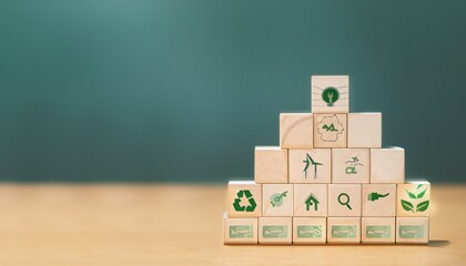 Business strategy concept with wooden blocks with icons.